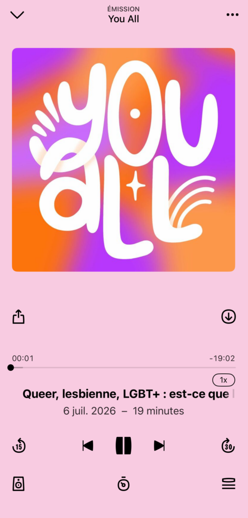 Cover du podcast You All sur Deezer, logo typographique en lettres rondes blanches sur fond dégradé orange et violet, par La Renarde Bouclée