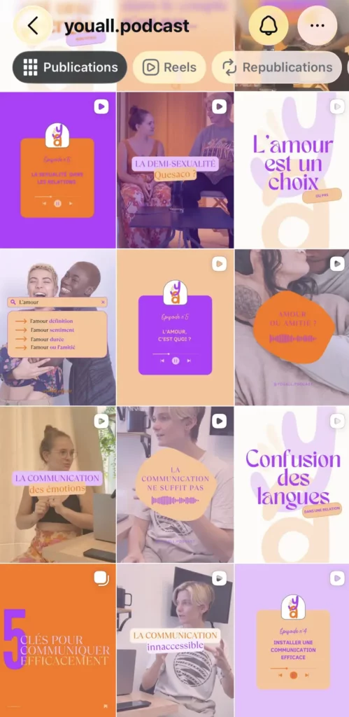 Grille Instagram du podcast You All avec identité visuelle cohérente en orange et violet, visuels d'épisodes sur les thèmes de l'amour, la communication et la sexualité, par La Renarde Bouclée
