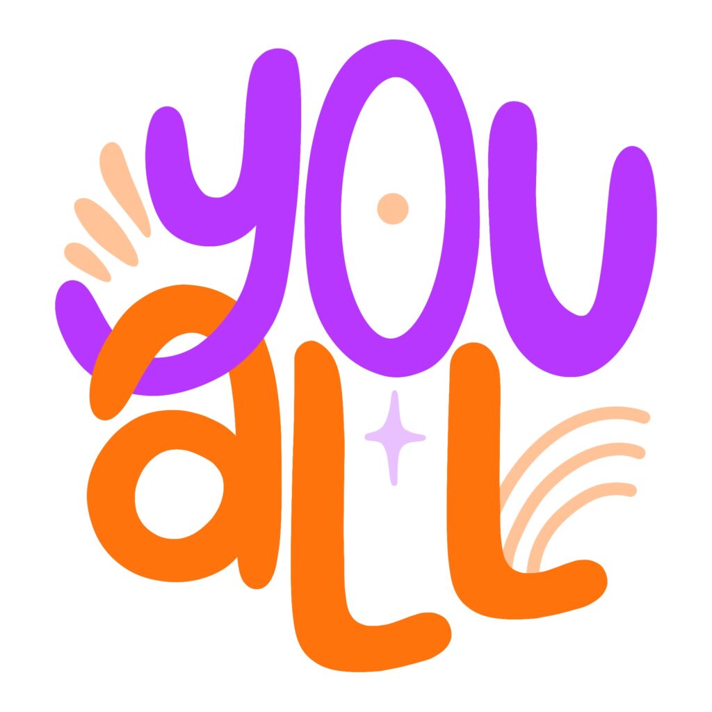 Logo du podcast You All en typographie ronde en violet et orange vifs sur fond blanc, avec étoile et éléments graphiques, par La Renarde Bouclée