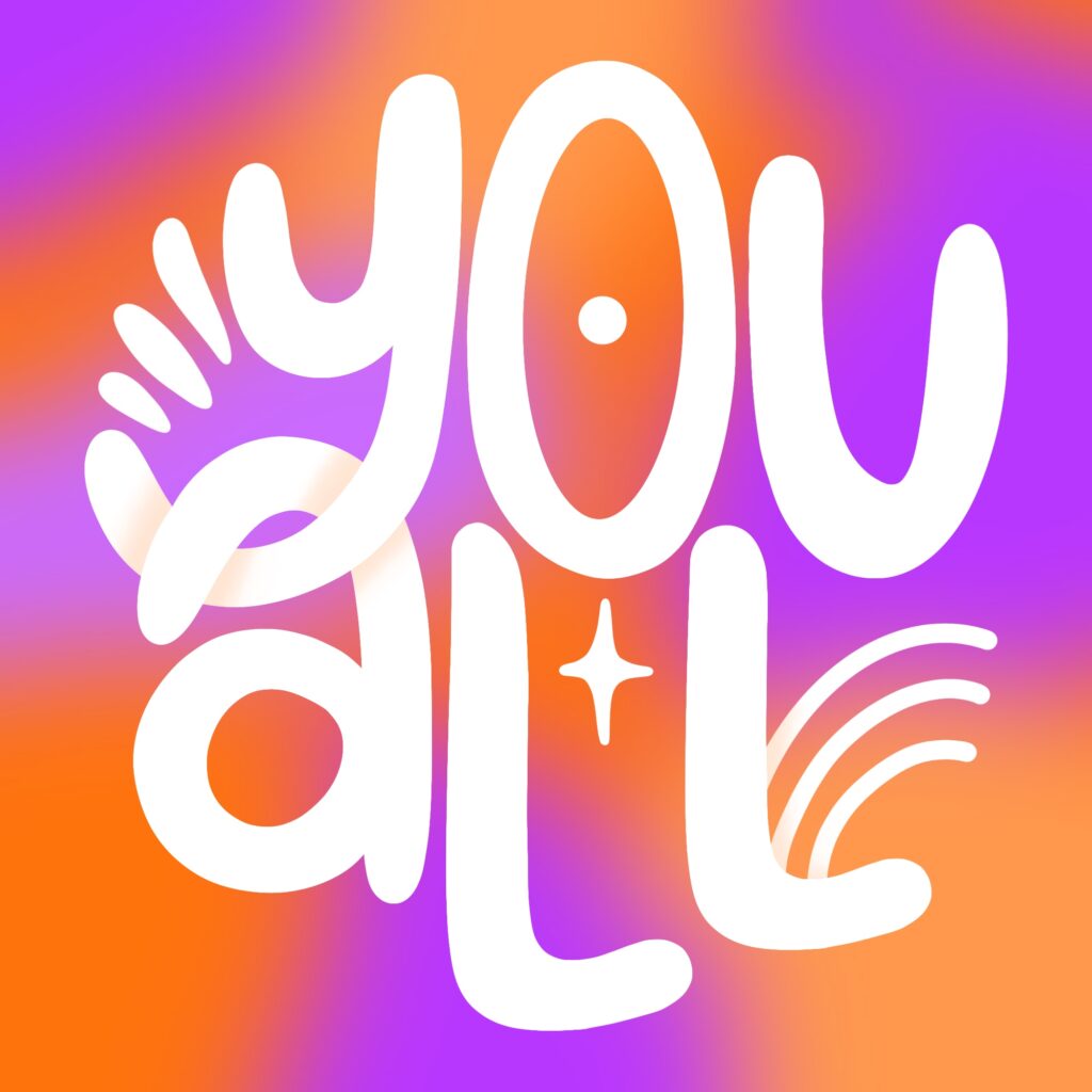 Logo du podcast You All en typographie ronde blanche sur fond dégradé orange et violet, avec éléments graphiques soleil et vagues, par La Renarde Bouclée
