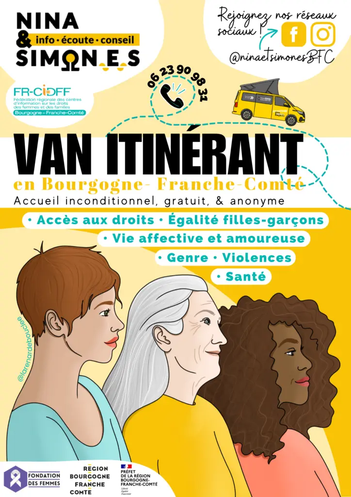 Affiche illustrée du Van Itinérant Nina & Simon.e.s en Bourgogne-Franche-Comté, trois femmes de générations différentes de profil, campagne d'information sur les droits des femmes, l'égalité et la santé, FR-CIDFF BFC, par La Renarde Bouclée