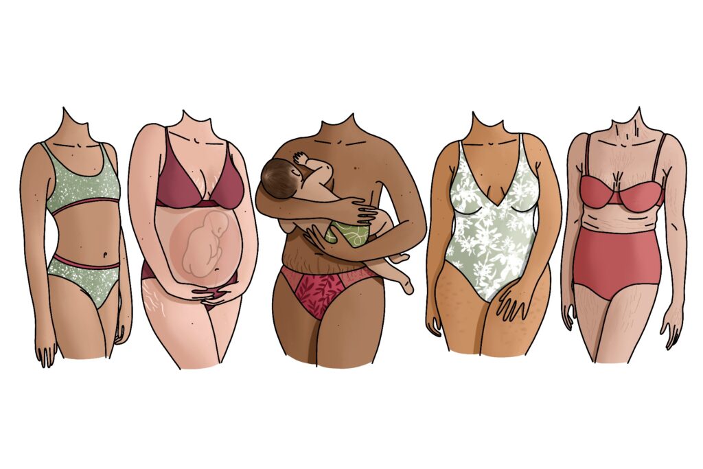 Illustration de cinq femmes sans visage aux morphologies et origines diverses représentant les étapes de la vie féminine : cycle, grossesse, allaitement, post-partum et ménopause, en sous-vêtements vert sauge et bordeaux, pour Naturo Ostéo, par La Renarde Bouclée