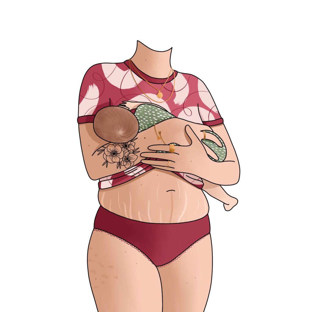 Illustration d'une femme allaitant son bébé, corps sans visage avec tatouage floral, sous-vêtements bordeaux, style doux et inclusif pour le compte Instagram Naturo Ostéo, par La Renarde Bouclée