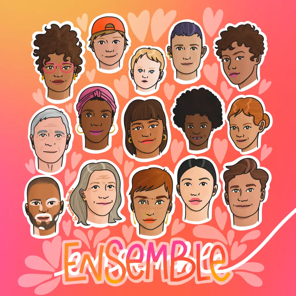 Illustration inclusive de 14 portraits - hommes, femmes, enfants, seniors de toutes origines - fond dégradé orange et rose, mot Ensemble typographie manuscrite, Adobe Creative Trends 2026 par La Renarde Bouclée