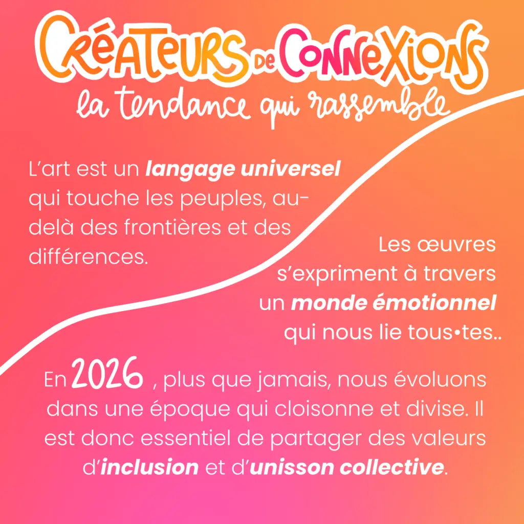 Visuel typographique illustré sur fond dégradé rose et orange — Créateurs de Connexions, la tendance qui rassemble, inclusion et unisson collective, Adobe Creative Trends 2026