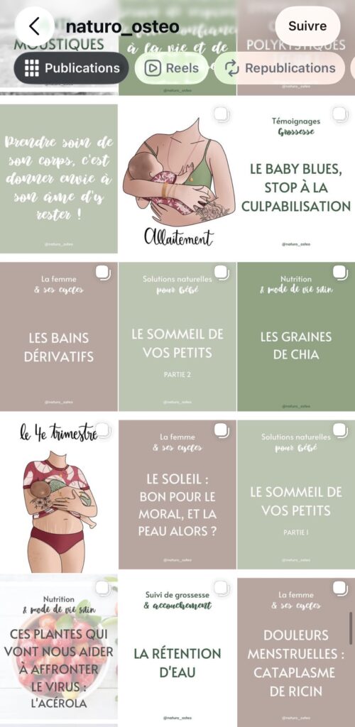 Grille Instagram du compte Naturo Ostéo de Lauriane et Antony Bonel avec illustrations sur la santé féminine, l'allaitement et la grossesse en tons vert sauge et terracotta, par La Renarde Bouclée