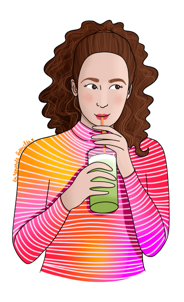 Portrait illustré d'une jeune femme aux cheveux bouclés buvant un matcha latte, style coloré rayures rose et orange — La Renarde Bouclée