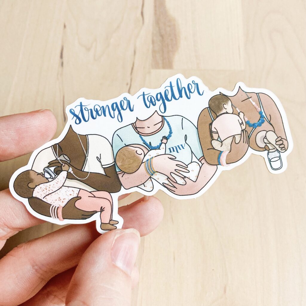 Sticker illustré Stronger Together représentant trois mamans de morphologies et origines différentes allaitant leurs bébés, marque Minty Wendy, par La Renarde Bouclée