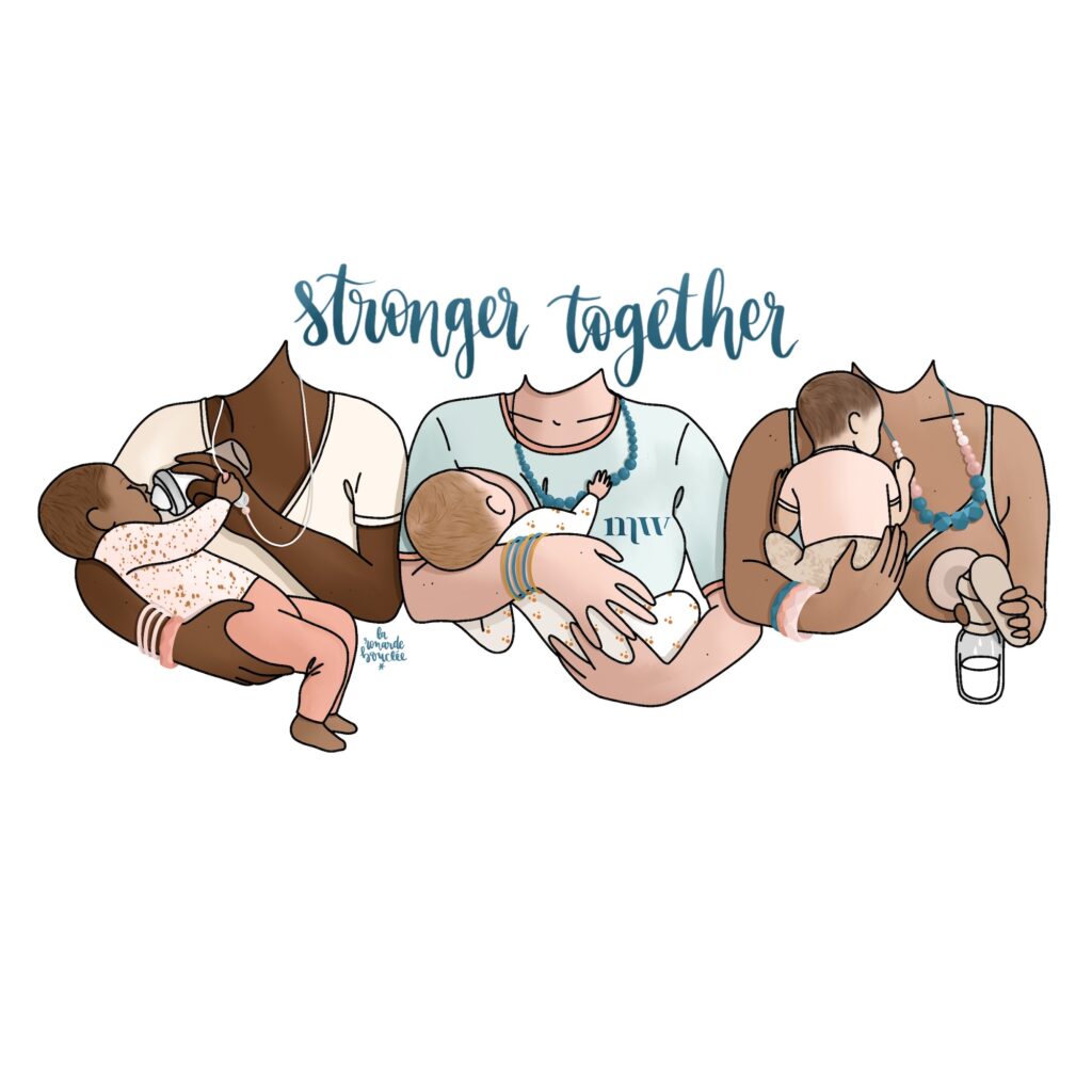 Illustration Stronger Together représentant trois mamans aux origines et morphologies différentes allaitant leurs bébés côte à côte, au sein et au biberon, style inclusif et bienveillant par La Renarde Bouclée pour Minty Wendy